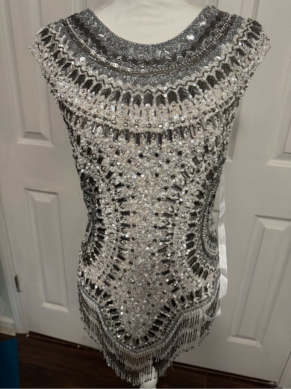 Nasty Gal White and Silver Beaded Decorative bodysuit Form Accent